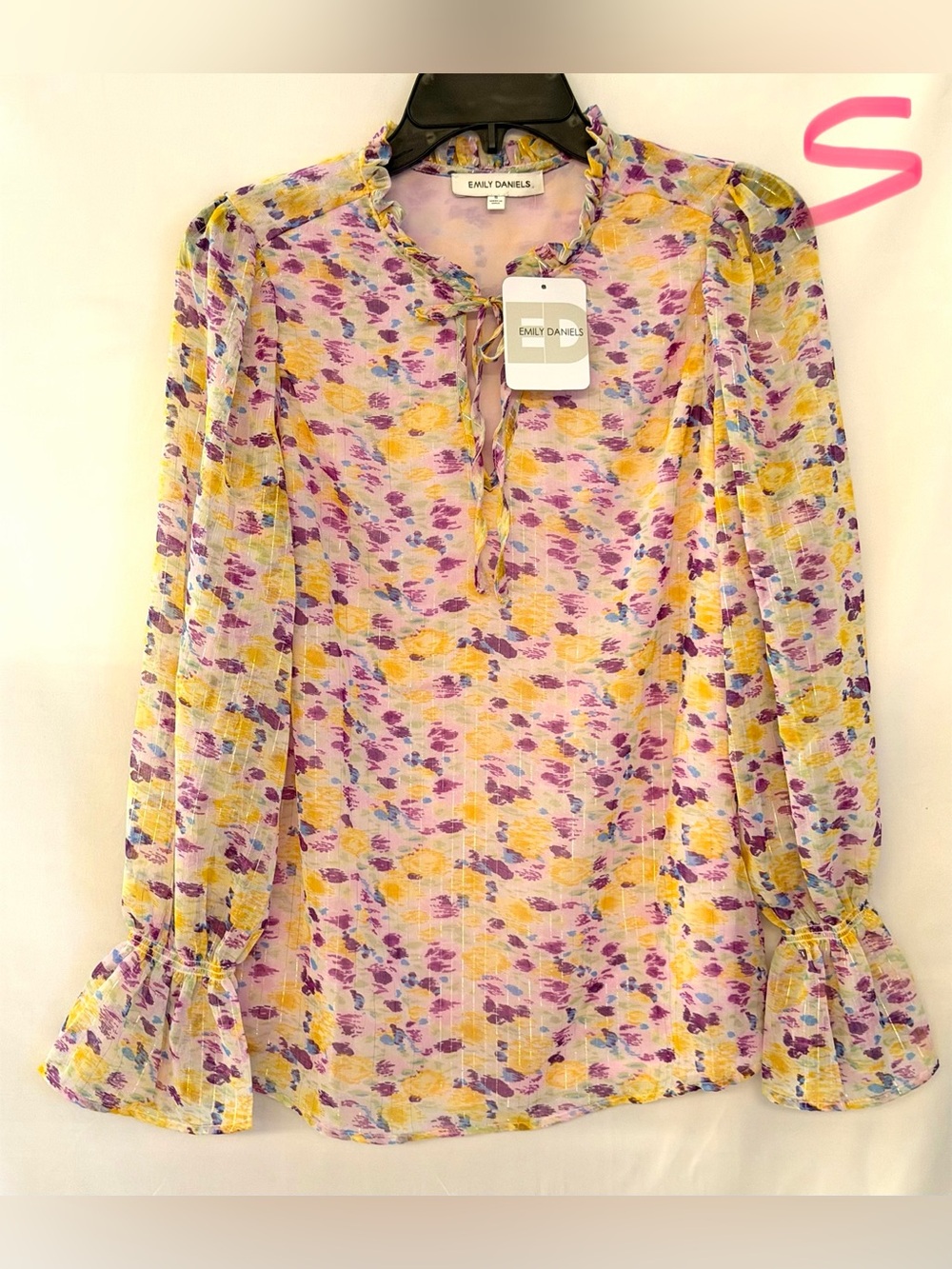 Emily Daniels Long-Sleeve Floral Tie-Neck Blouse Dress — Yellow & Purple